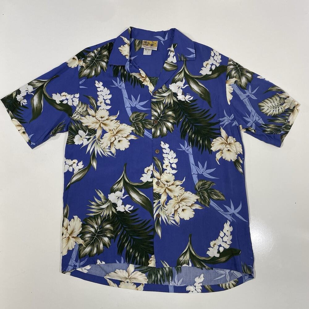 Winnie Fashion Hawaiian Button Men's Shirt Blue White Floral Med Made in Hawaii